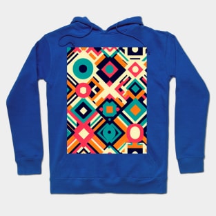 A retro-inspired pattern featuring bold colors and geometric shapes reminiscent of the 1970s Hoodie